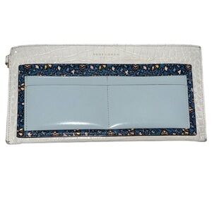 Tory Burch White Croc-Embossed Leather Card Wallet/Clutch w Blue Floral Accent
